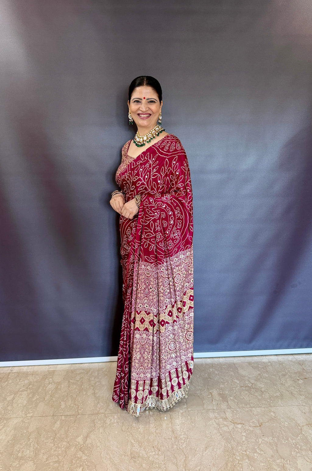 MARRON AJRAKH SILK SAREE WITH  MIRROR WORK ALL OVER SAREE WITH DESGINER MIRROR LACE AT PALLU