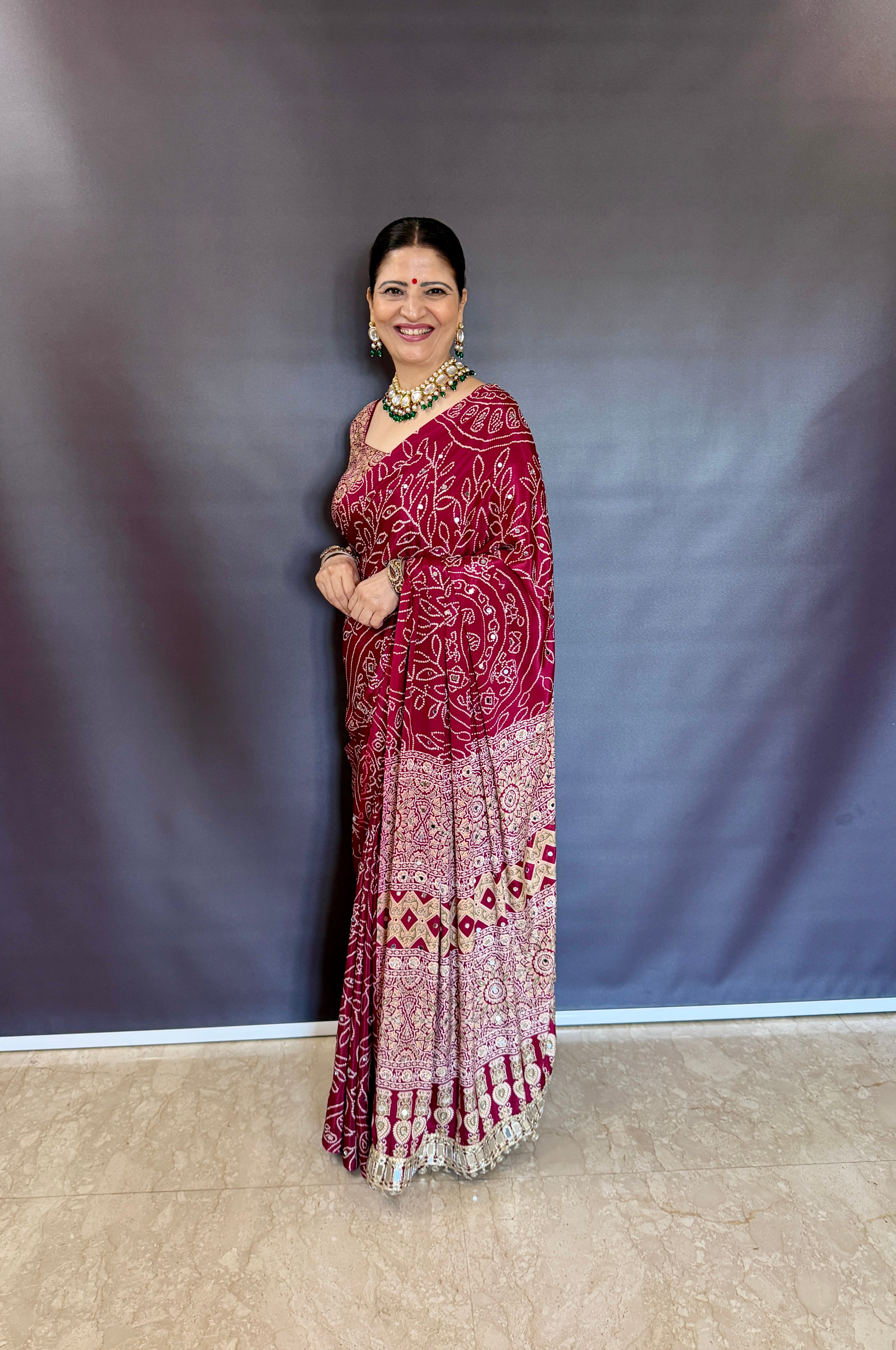 MARRON AJRAKH SILK SAREE WITH  MIRROR WORK ALL OVER SAREE WITH DESGINER MIRROR LACE AT PALLU