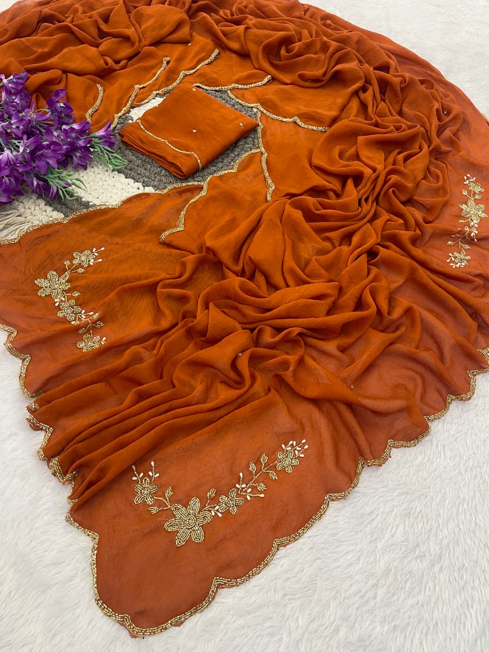 ORANGE RANGOLI CRUSHED SAREE WITH CUTDANA WORK