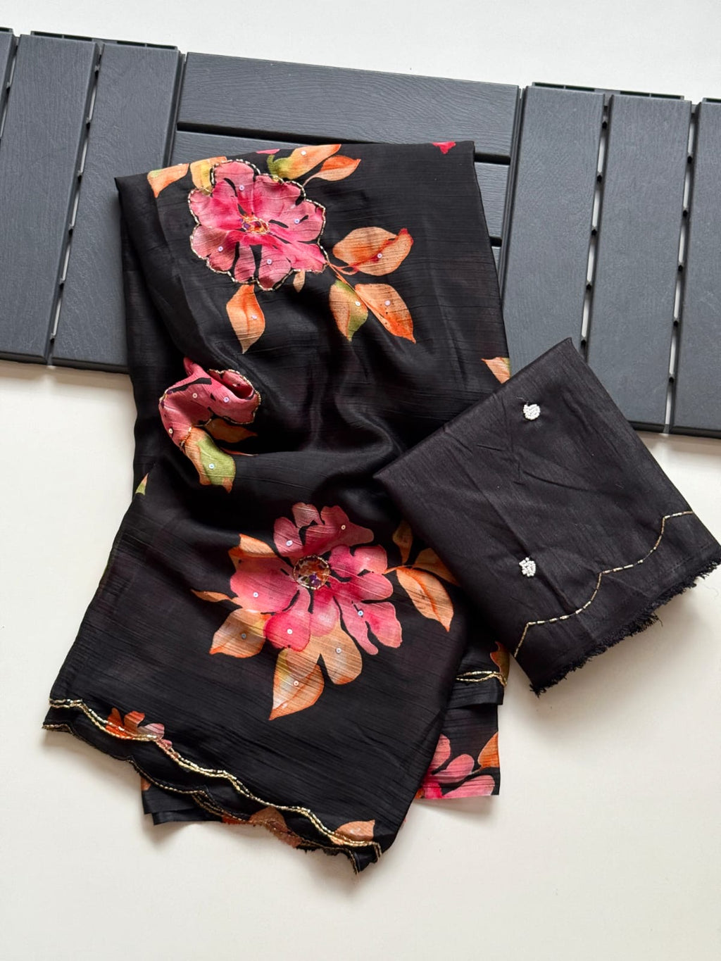BLACK SOFT CHINNON SAREE WITH FLOWER PRINT AND CUTDANA WORK