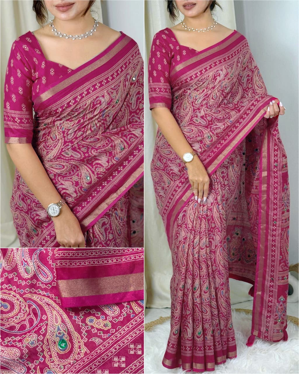 PINK PURE MUL COTTON ARJRAKH PRINTED SAREE WITH ZARI JACQUARD BORDER