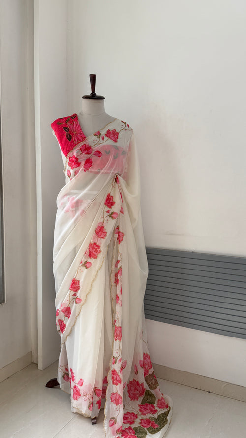 WHITE TEBBY SILK SAREE WITH DIGITAL FLORAL PRINT AND KUTDANA HANDWORK
