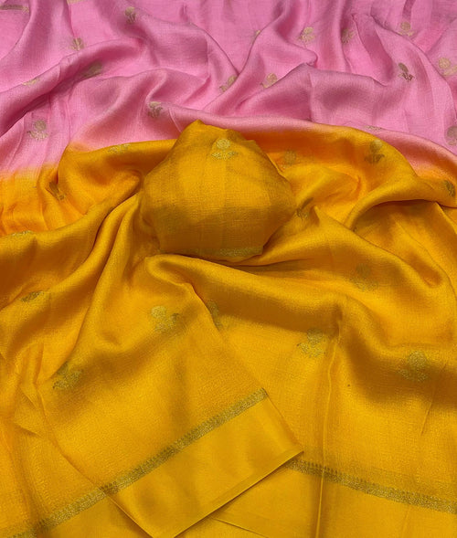LIGHT PINK & YELLOW SHADED VISCOSE KHADI SILK SAREE WITH JACQUARD DESIGN