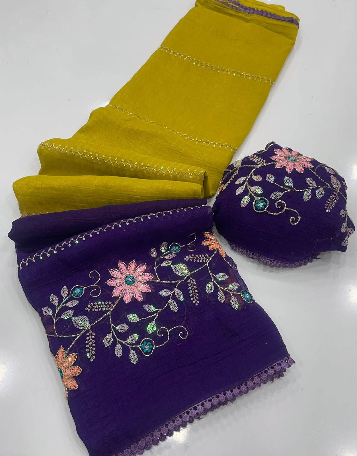 YELLOW AND PURPLE CRUNCHY PADDING SAREE WITH EMBROIDERY & SEQUENCE CUTDANA WORK
