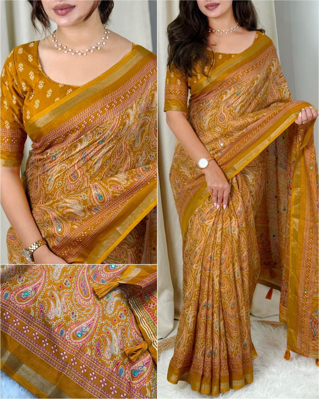 YELLOW PURE MUL COTTON ARJRAKH PRINTED SAREE WITH ZARI JACQUARD BORDER