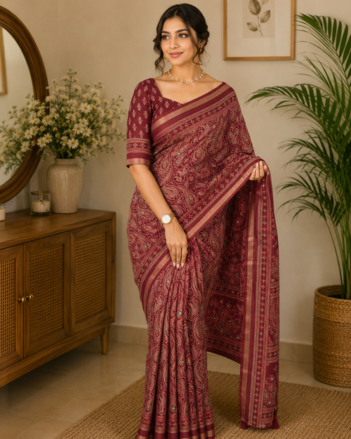 MARRON PURE MUL COTTON ARJRAKH PRINTED SAREE WITH ZARI JACQUARD BORDER