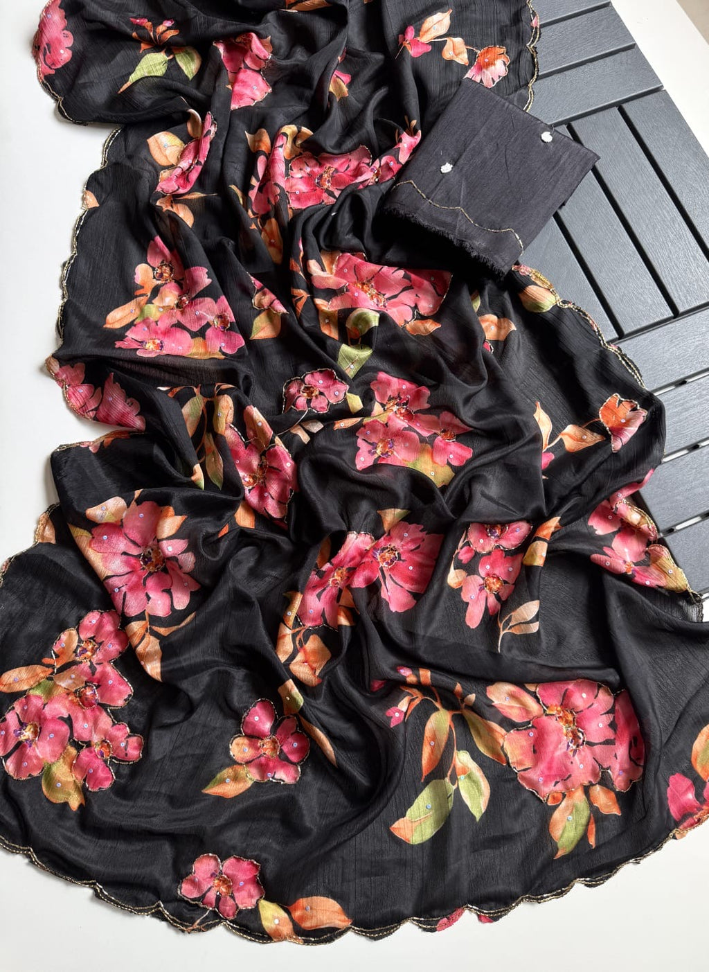 BLACK SOFT CHINNON SAREE WITH FLOWER PRINT AND CUTDANA WORK