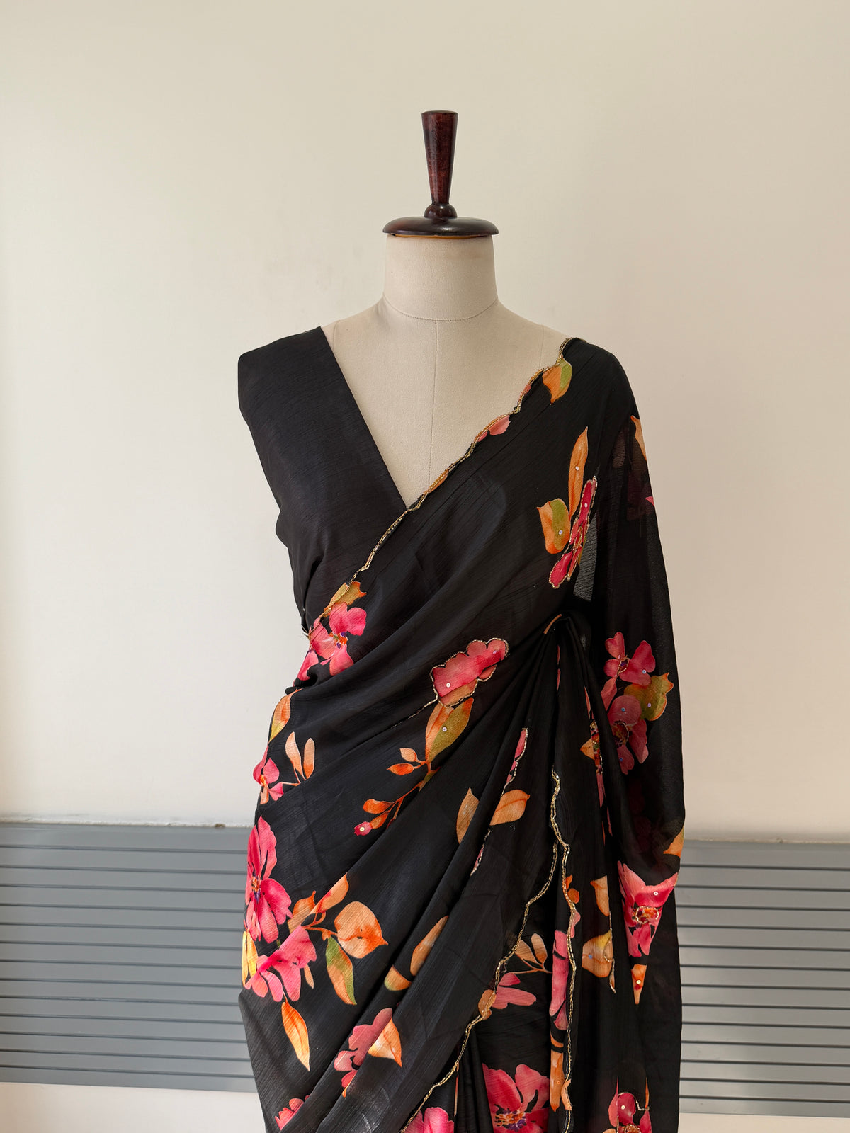BLACK SOFT CHINNON SAREE WITH FLOWER PRINT AND CUTDANA WORK