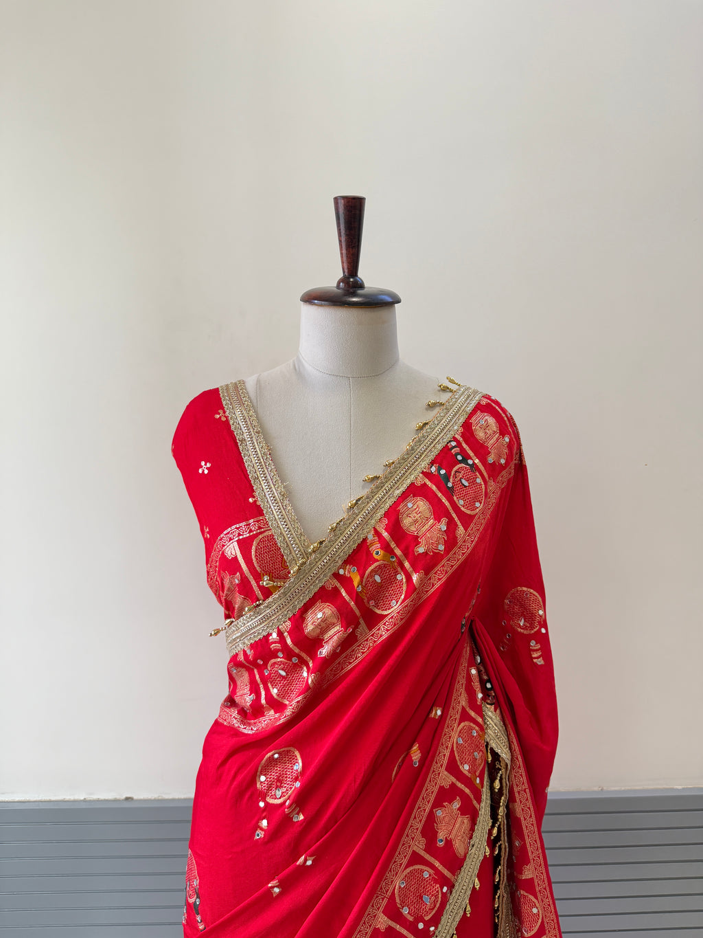 RED DOLA SILK SAREE WITH MOTI WORK AND LACE BORDER
