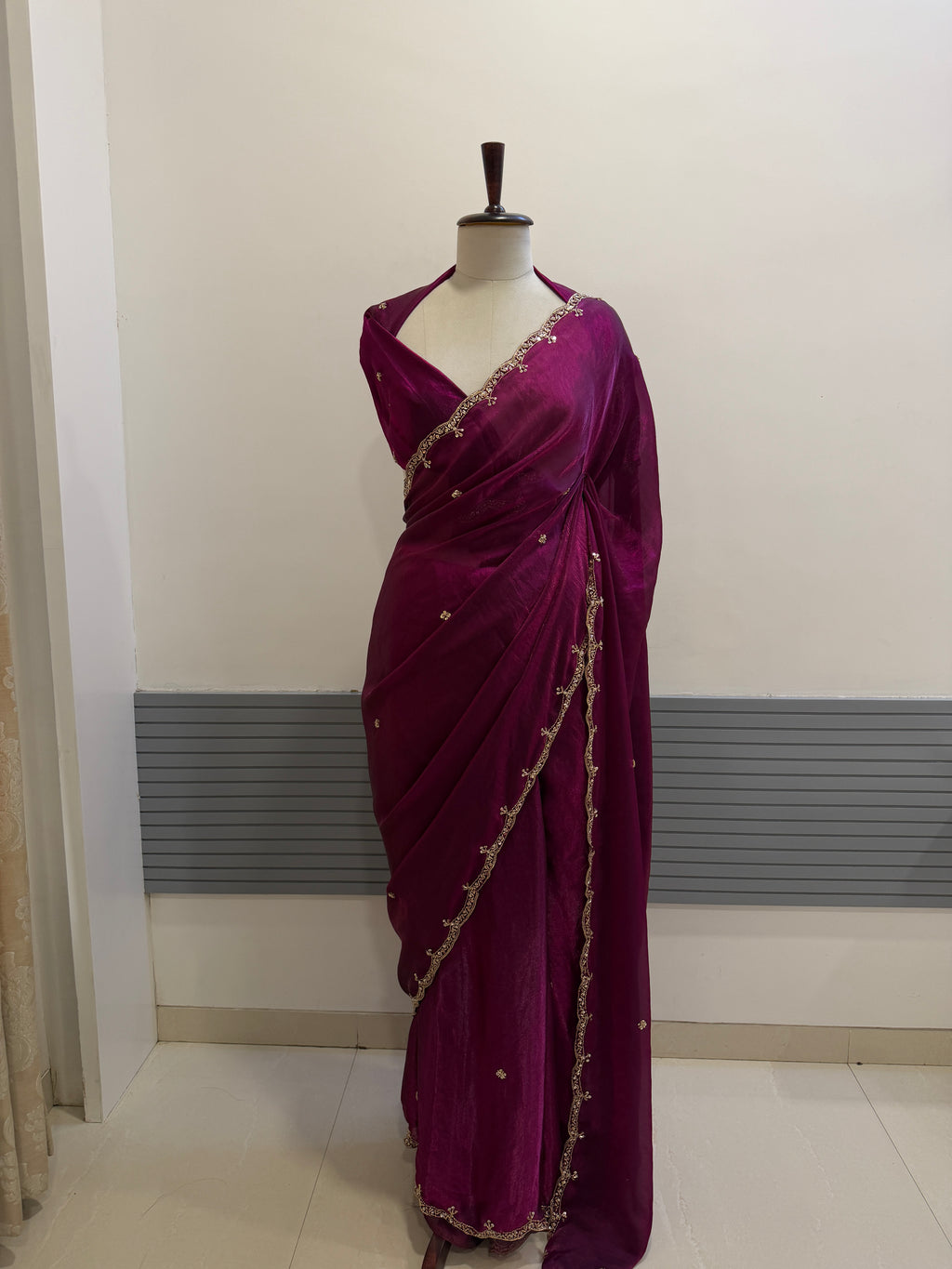 WINE SPACE SILK SAREE WITH BEADS WORK