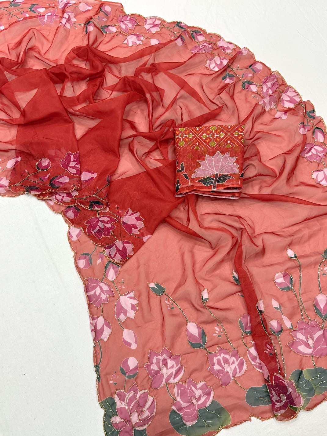 RED TEBBY SILK SAREE WITH DIGITAL FLORAL PRINT AND KUTDANA HANDWORK