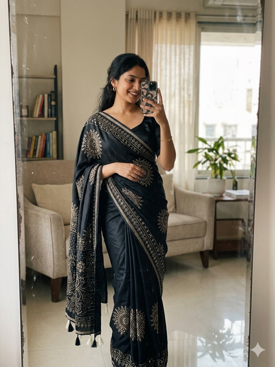 BLACK AJRAKH BANDHANI SILK SAREE WITH MIRROR WORK ALL OVER SAREE