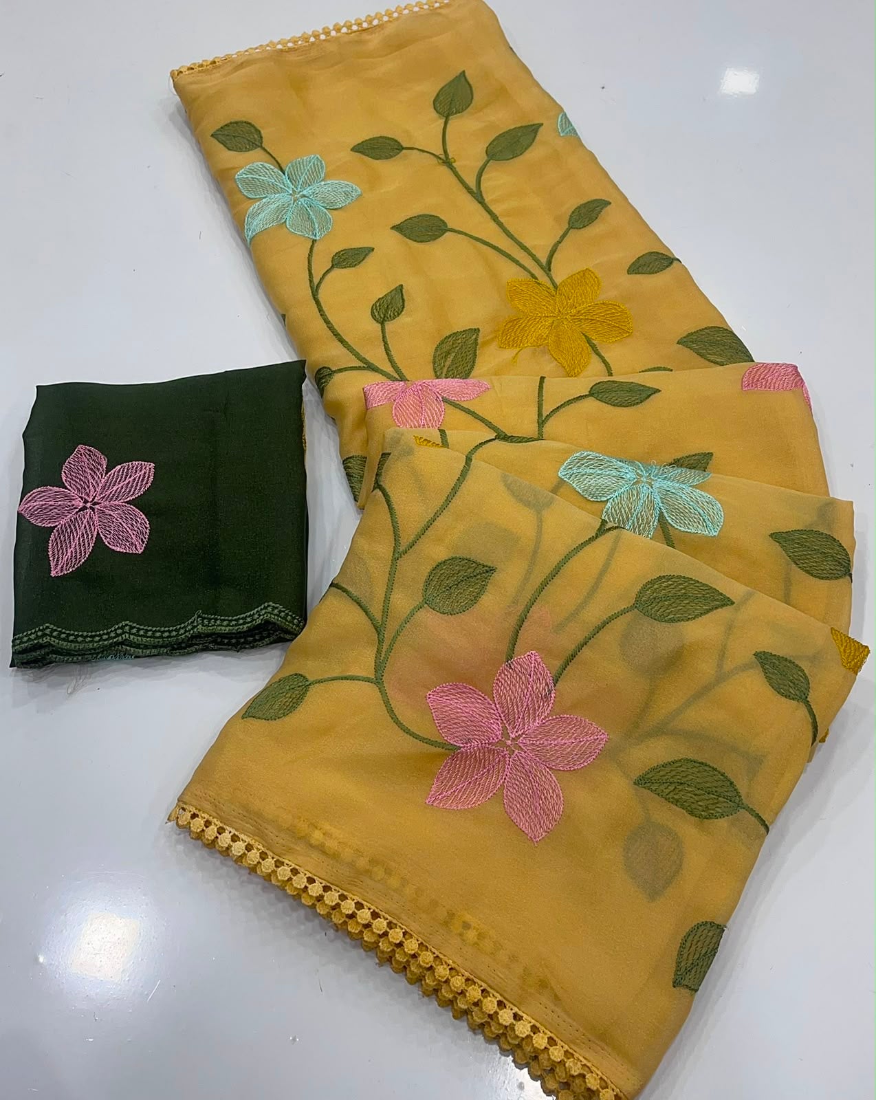 YELLOW STAR GORGETTE SAREE WITH EMBROIDERY WORK