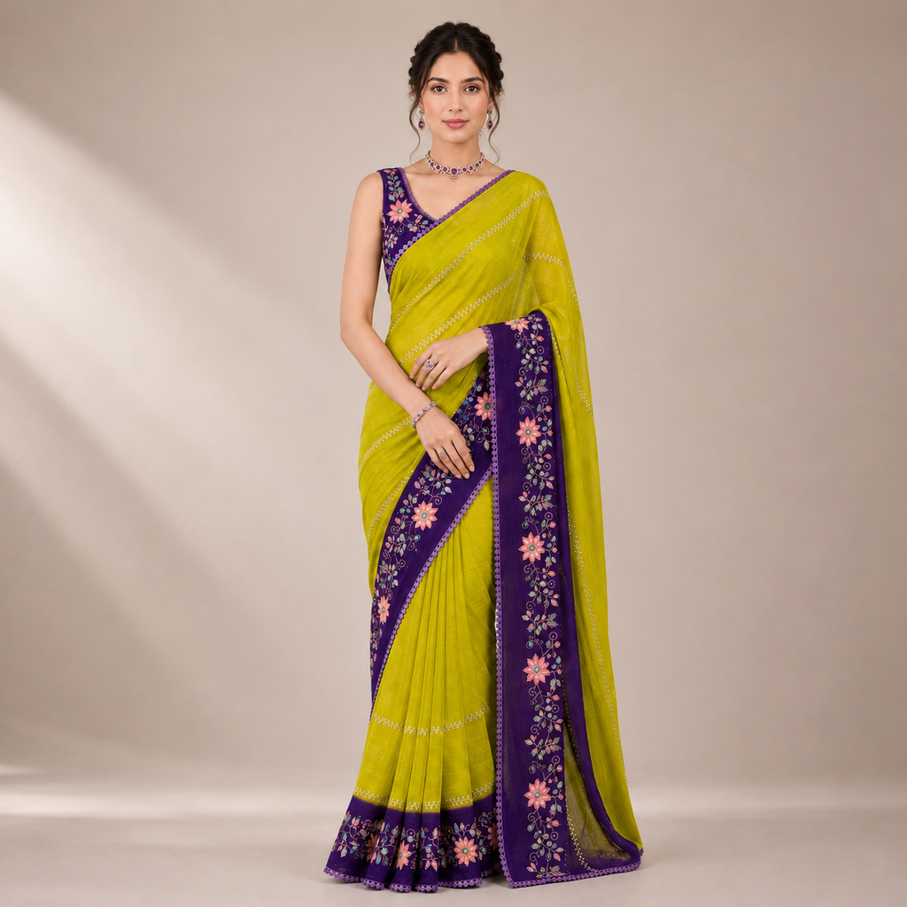 YELLOW AND PURPLE CRUNCHY PADDING SAREE WITH EMBROIDERY & SEQUENCE CUTDANA WORK