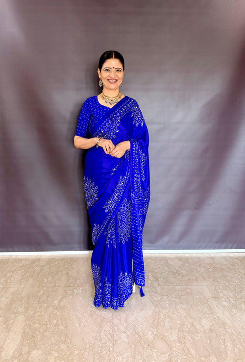 BLUE AJRAKH BANDHANI PRINT WITH MIRROR WORK SAREE