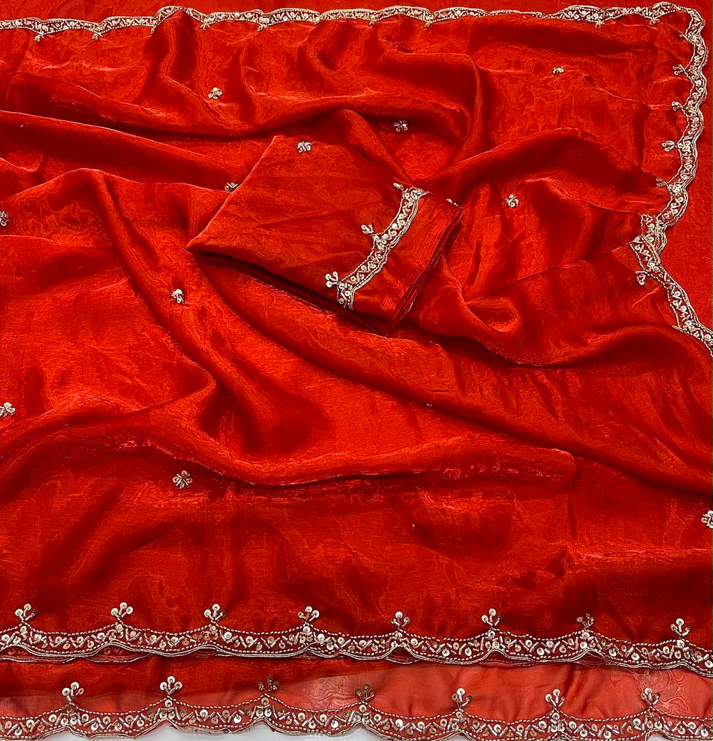 RUST SPACE SILK SAREE WITH BEADS WORK