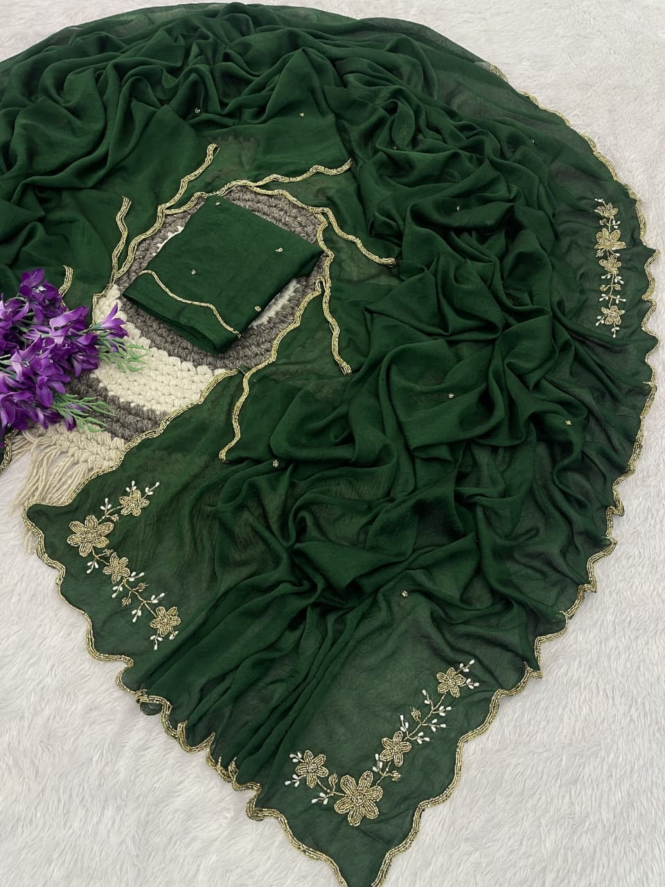 GREEN RANGOLI CRUSHED SAREE WITH CUTDANA WORK
