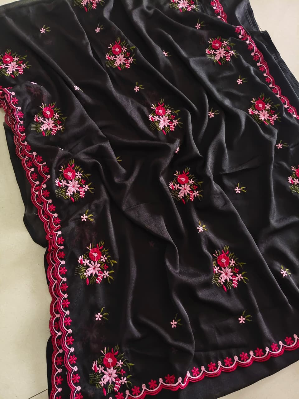 BLACK STAR GEORGETTE MULTI EMBROIDERED WOEK SAREE WITH CONTRAST BLOUSE