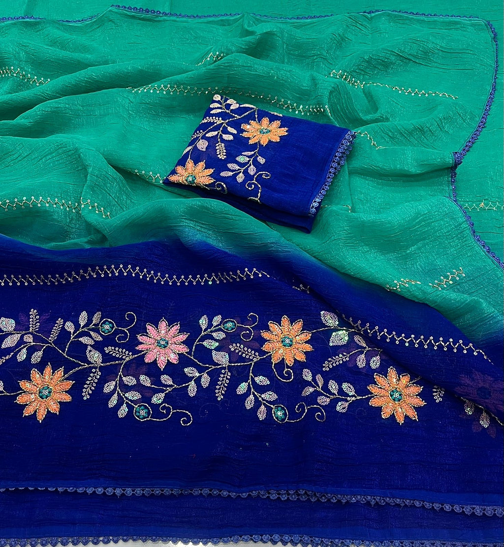 GREEN AND BLUE CRUNCHY PADDING SAREE WITH EMBROIDERY & SEQUENCE CUTDANA WORK