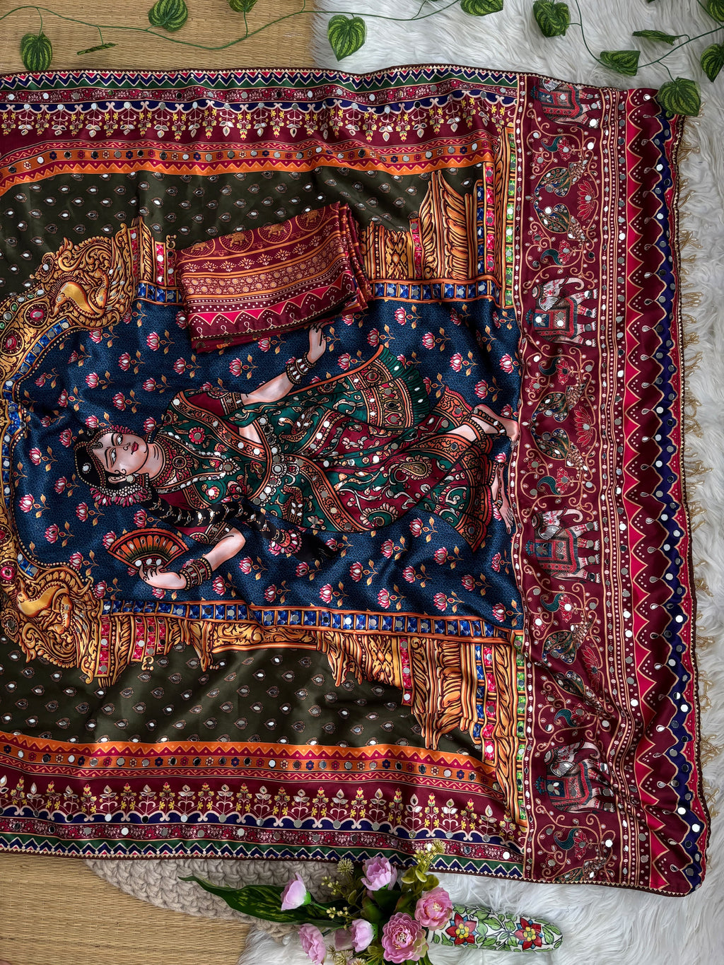 JAPAN SATIN PRINT SAREE WITH REAL MIRROR WORK ALL OVER THE SAREE