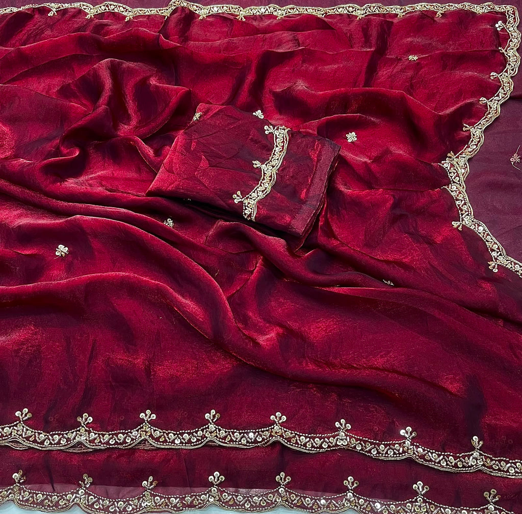 MARRON SPACE SILK SAREE WITH BEADS WORK