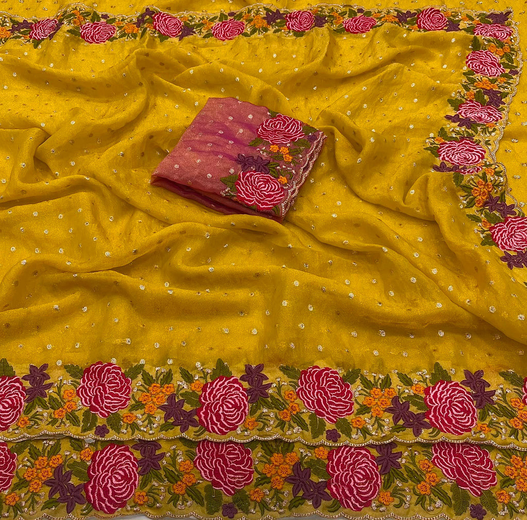 YELLOW NC MOSS SILK SAREE WITH EMBROIDERY WOEK