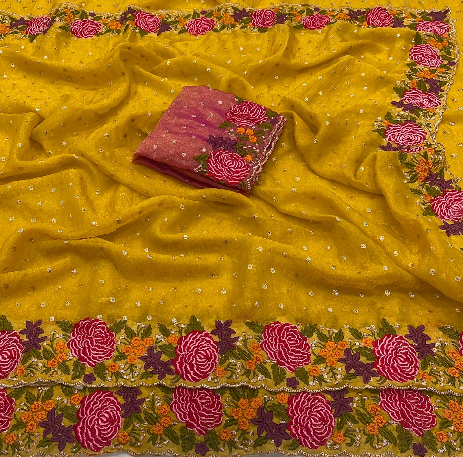 YELLOW NC MOSS SILK SAREE WITH EMBROIDERY WOEK