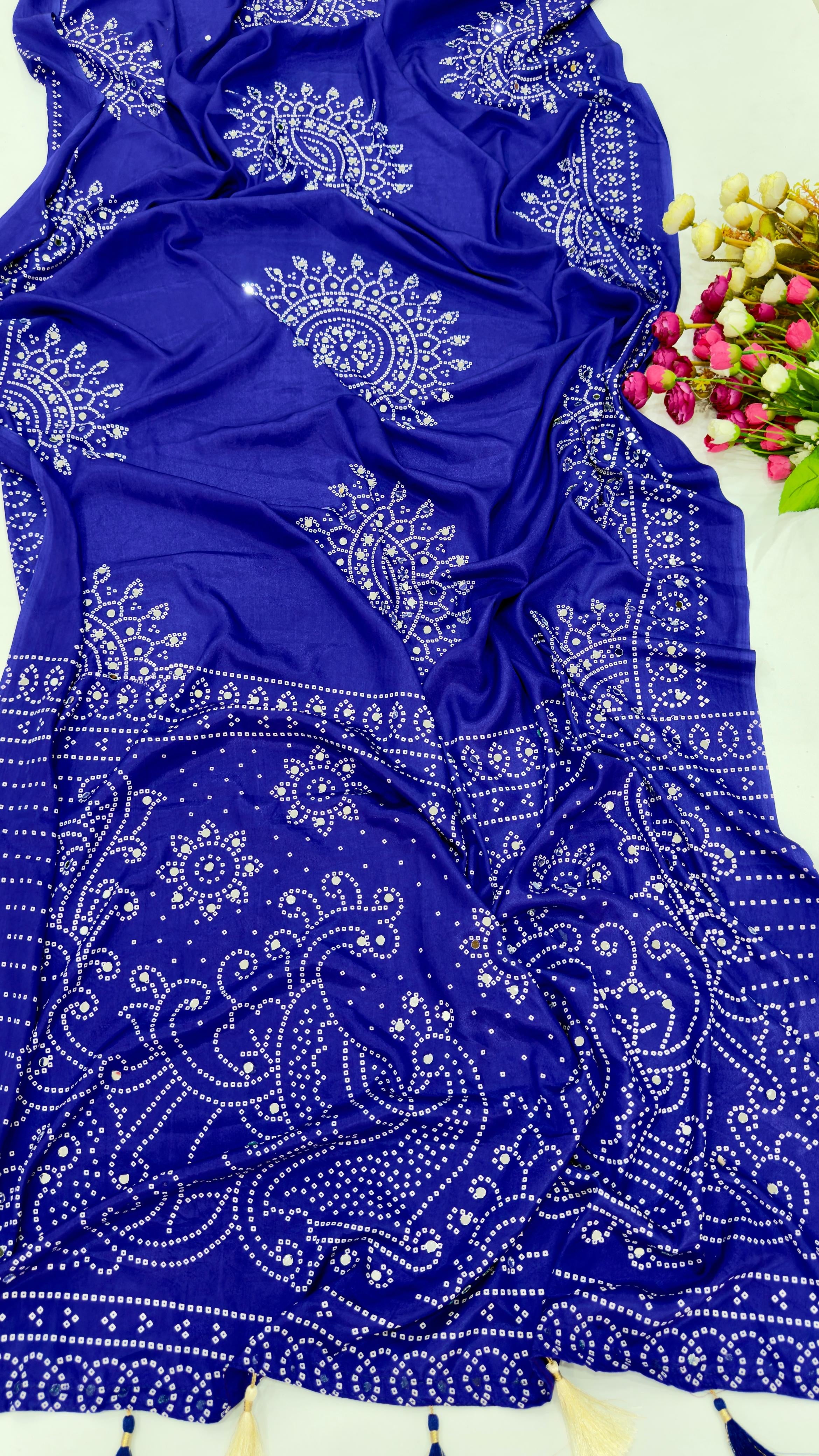 BLUE AJRAKH BANDHANI PRINT WITH MIRROR WORK SAREE