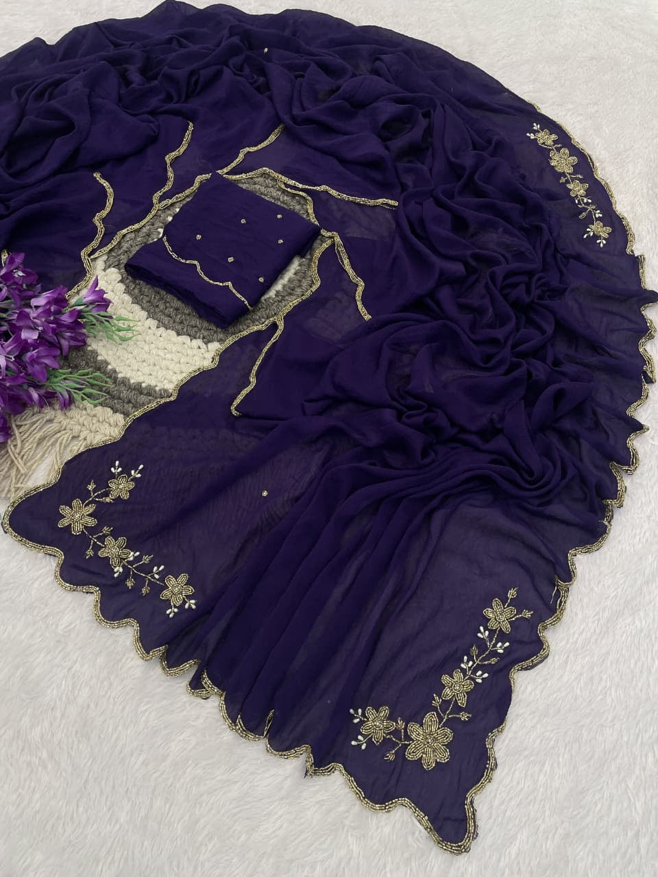 PURPLE RANGOLI CRUSHED SAREE WITH CUTDANA WORK