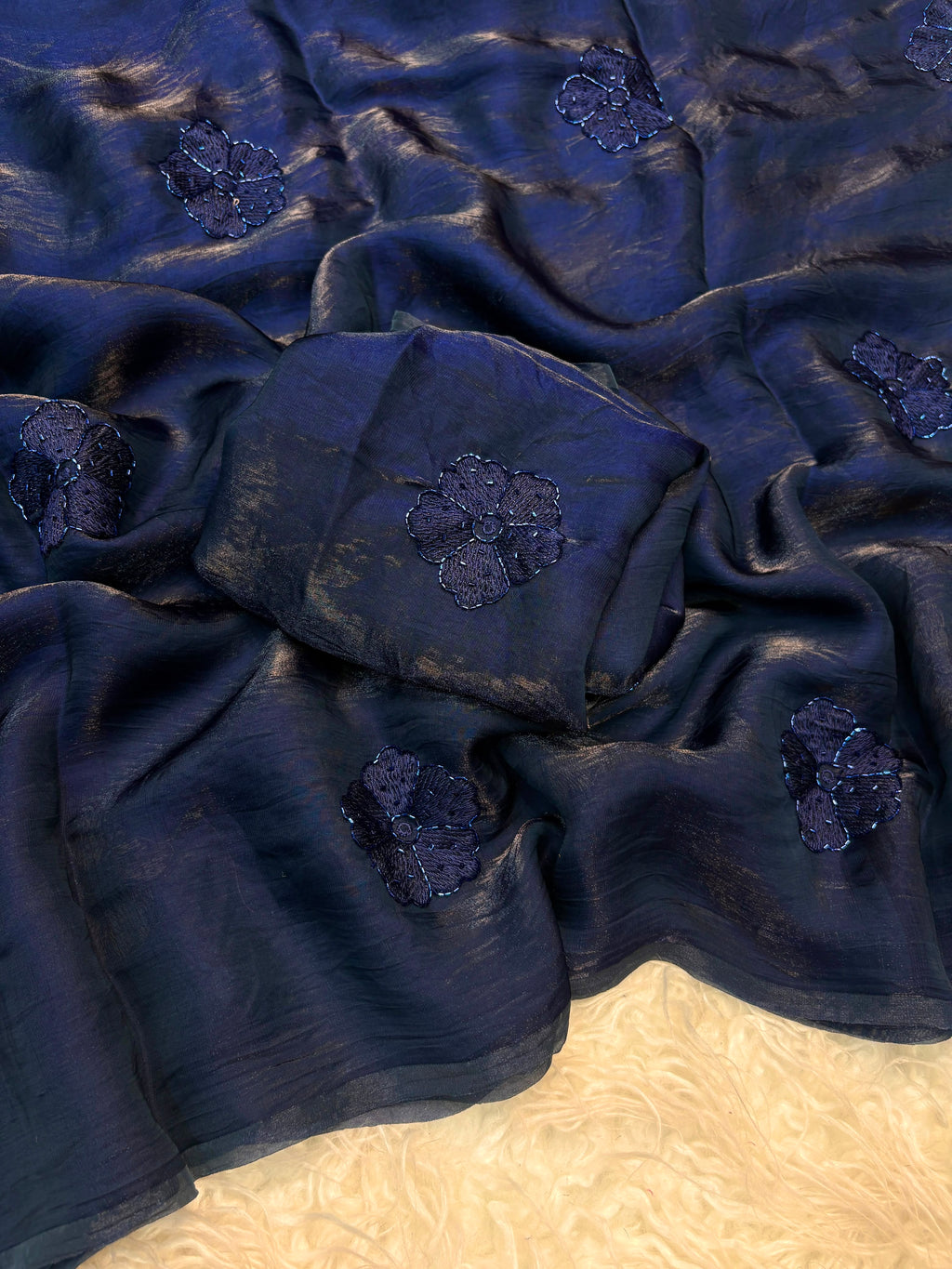BLUE SPACE FENDY SILK SAREE WITH BEADS AND EMBROIDERY WORK
