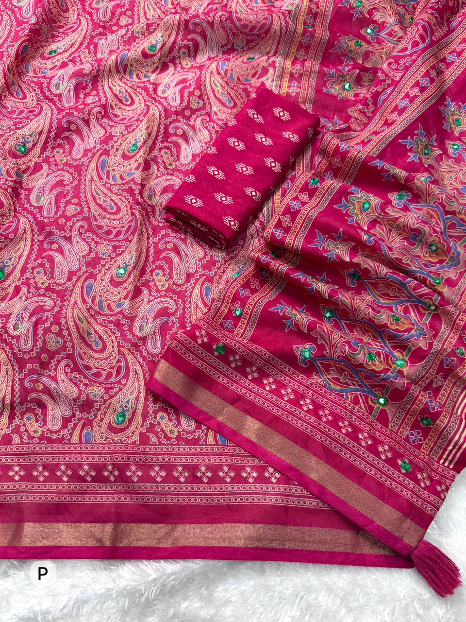 PINK PURE MUL COTTON ARJRAKH PRINTED SAREE WITH ZARI JACQUARD BORDER