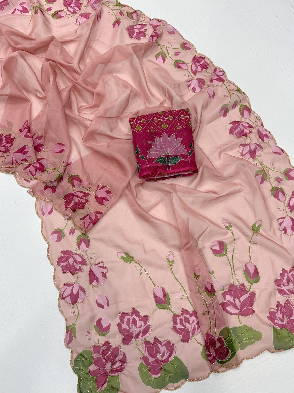 PINK TEBBY SILK SAREE WITH DIGITAL FLORAL PRINT AND KUTDANA HANDWORK