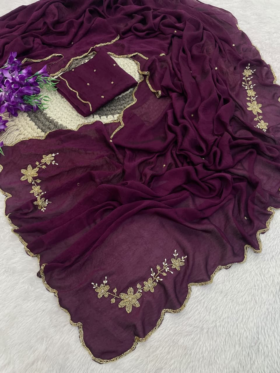 WINE RANGOLI CRUSHED SAREE WITH CUTDANA WORK