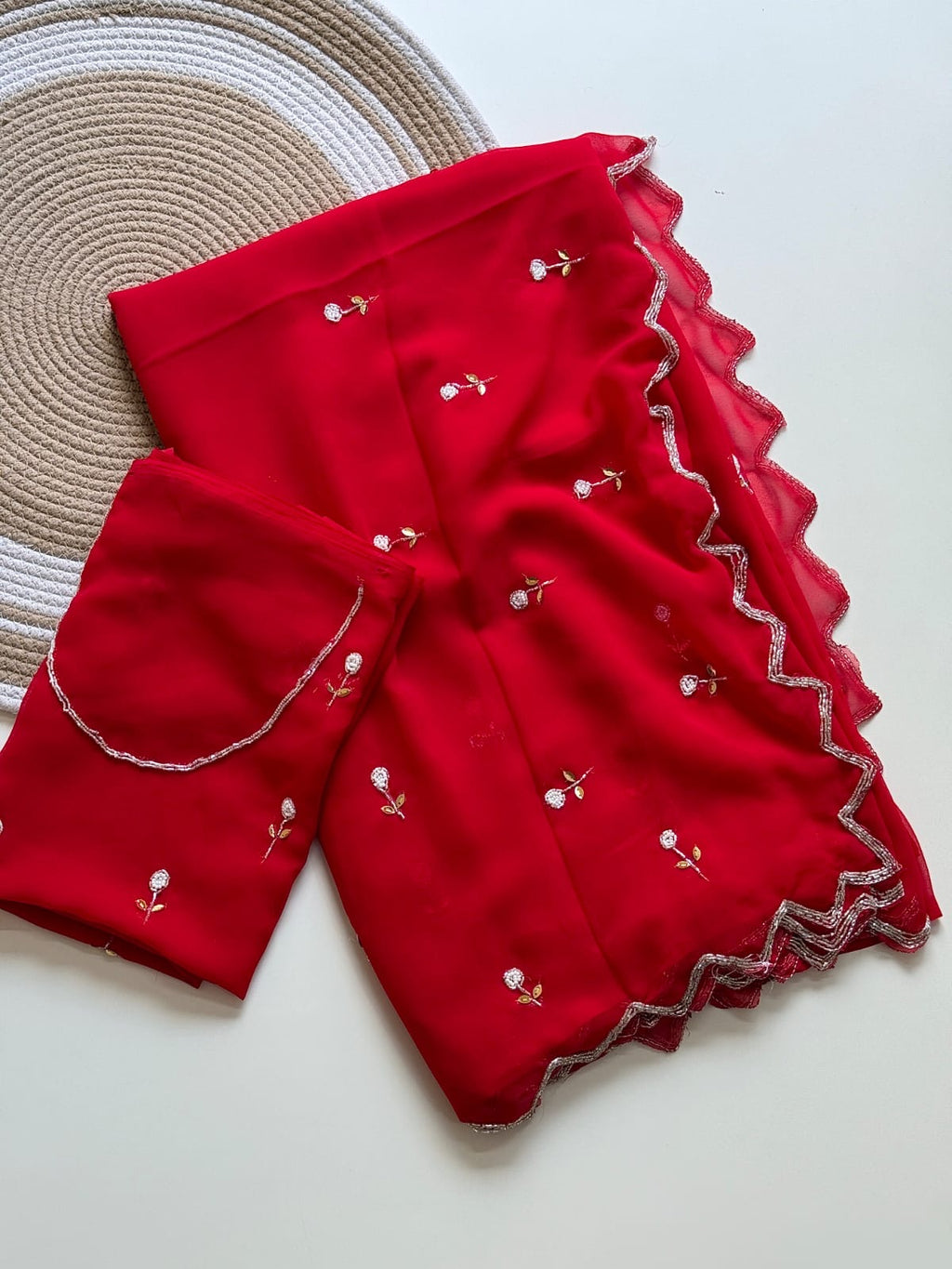 RED GEORGETTE SAREE WITH CUTDANA AND BUTTI WORK