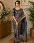 NAVY BLUE PURE MUL COTTON ARJRAKH PRINTED SAREE WITH ZARI JACQUARD BORDER