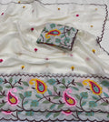 OFF WHITE STAR GORGETTE SAREE WITH FLORAL EMBROIDERY WORK