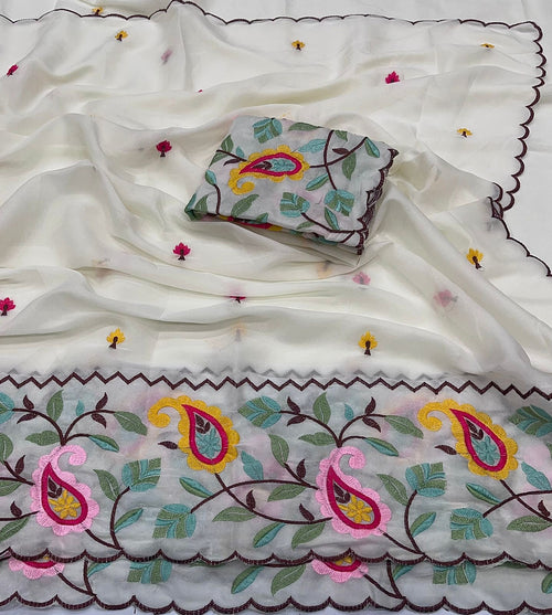 OFF WHITE STAR GORGETTE SAREE WITH FLORAL EMBROIDERY WORK