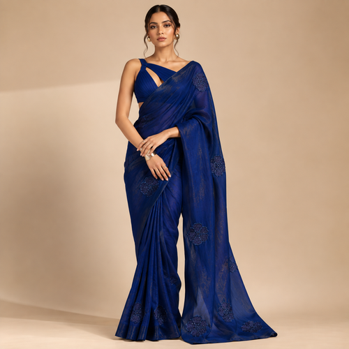 BLUE SPACE FENDY SILK SAREE WITH BEADS AND EMBROIDERY WORK