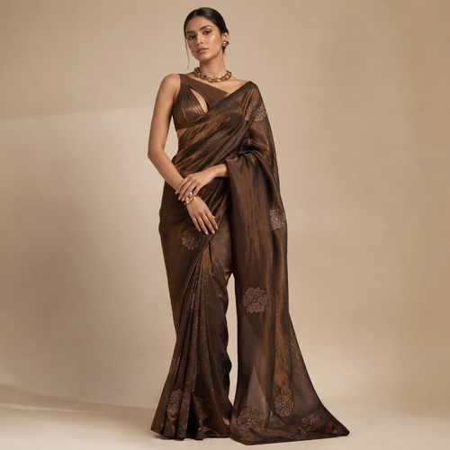 COFFEE SPACE FENDY SILK SAREE WITH BEADS AND EMBROIDERY WORK