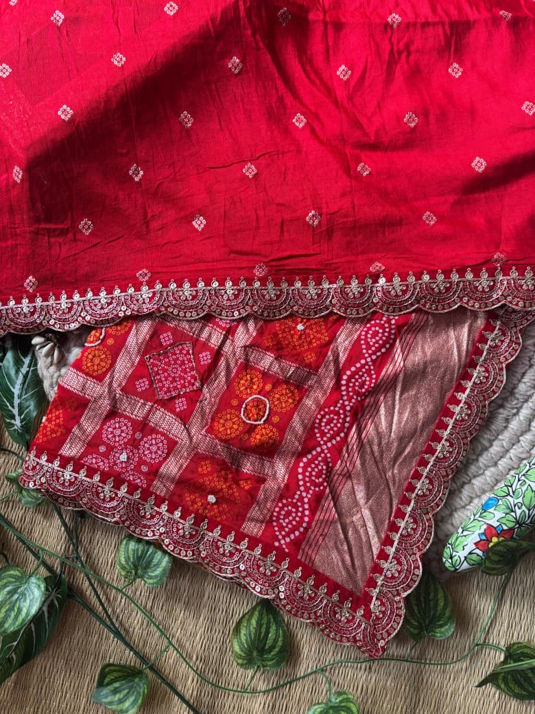 RED SOFT VISCOSE GEORGETTE SAREE WITH PATOLA PALLU WITH CUTDANA HANDWORK AND EMBROIDERY LACE BORDER