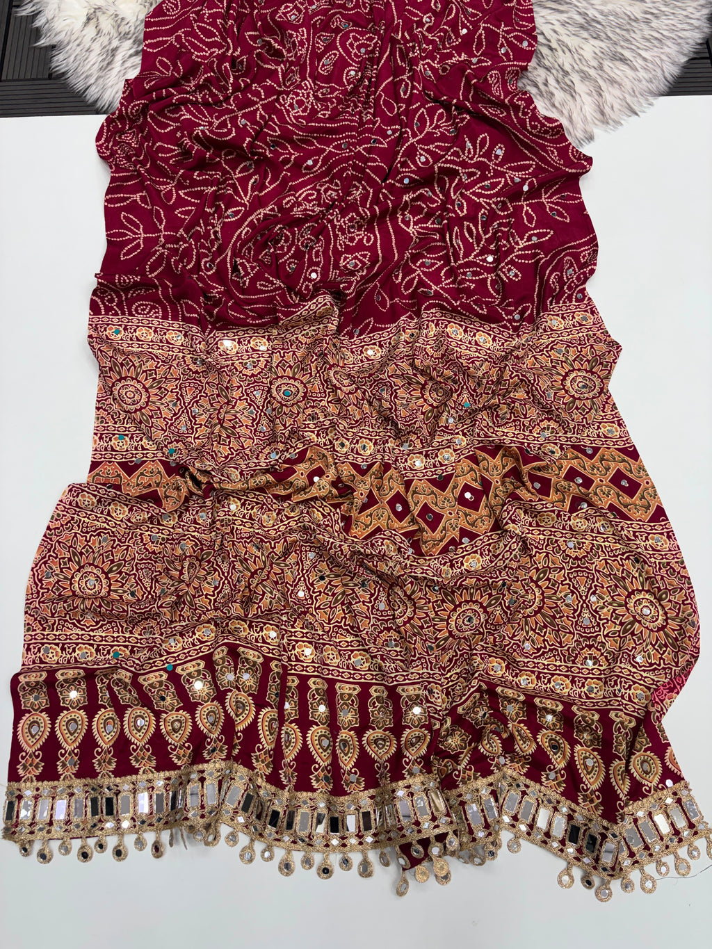 MARRON AJRAKH SILK SAREE WITH  MIRROR WORK ALL OVER SAREE WITH DESGINER MIRROR LACE AT PALLU
