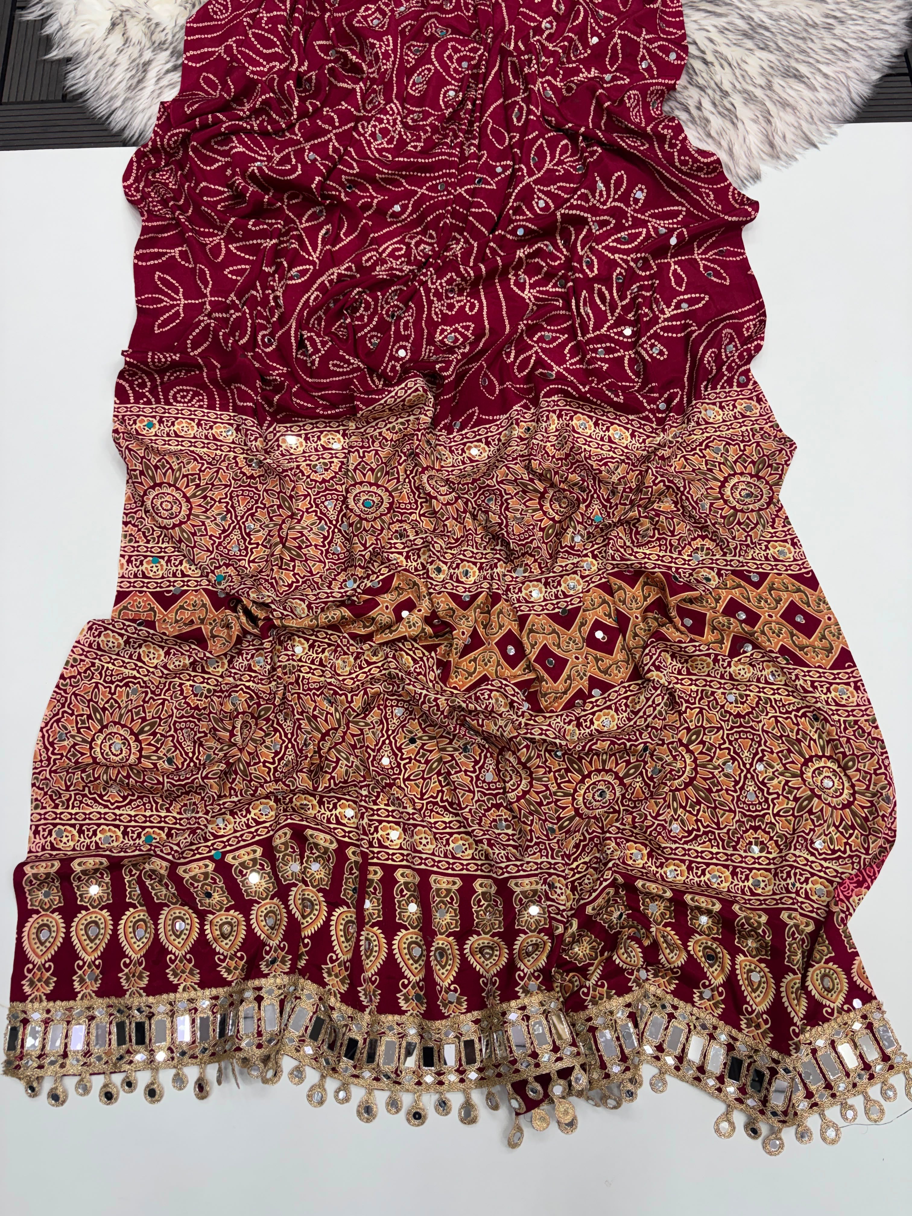 MARRON AJRAKH SILK SAREE WITH  MIRROR WORK ALL OVER SAREE WITH DESGINER MIRROR LACE AT PALLU