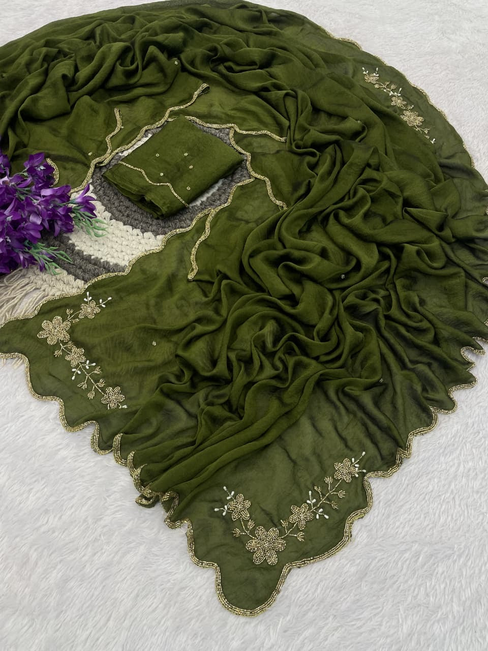 PISTACHIO GREEN RANGOLI CRUSHED SAREE WITH CUTDANA WORK