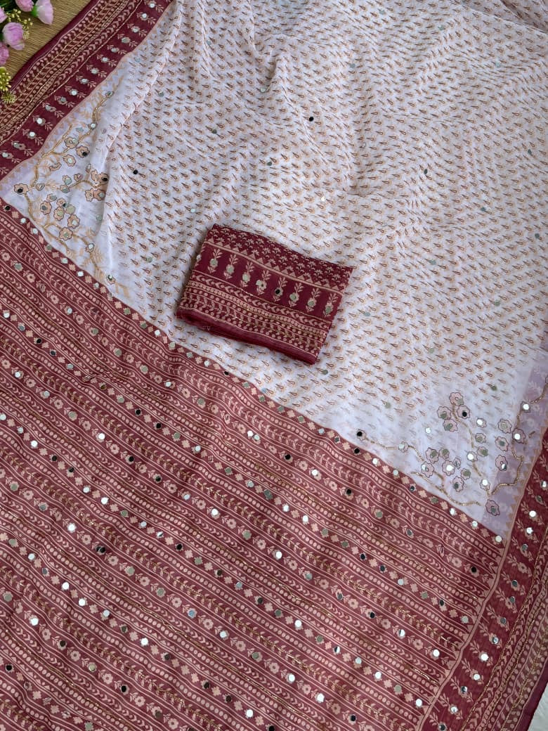 SOFT FOX GORGETTE DIGITAL PRINT SAREE WITH CUTDANA AND REAL MIRROR WORK