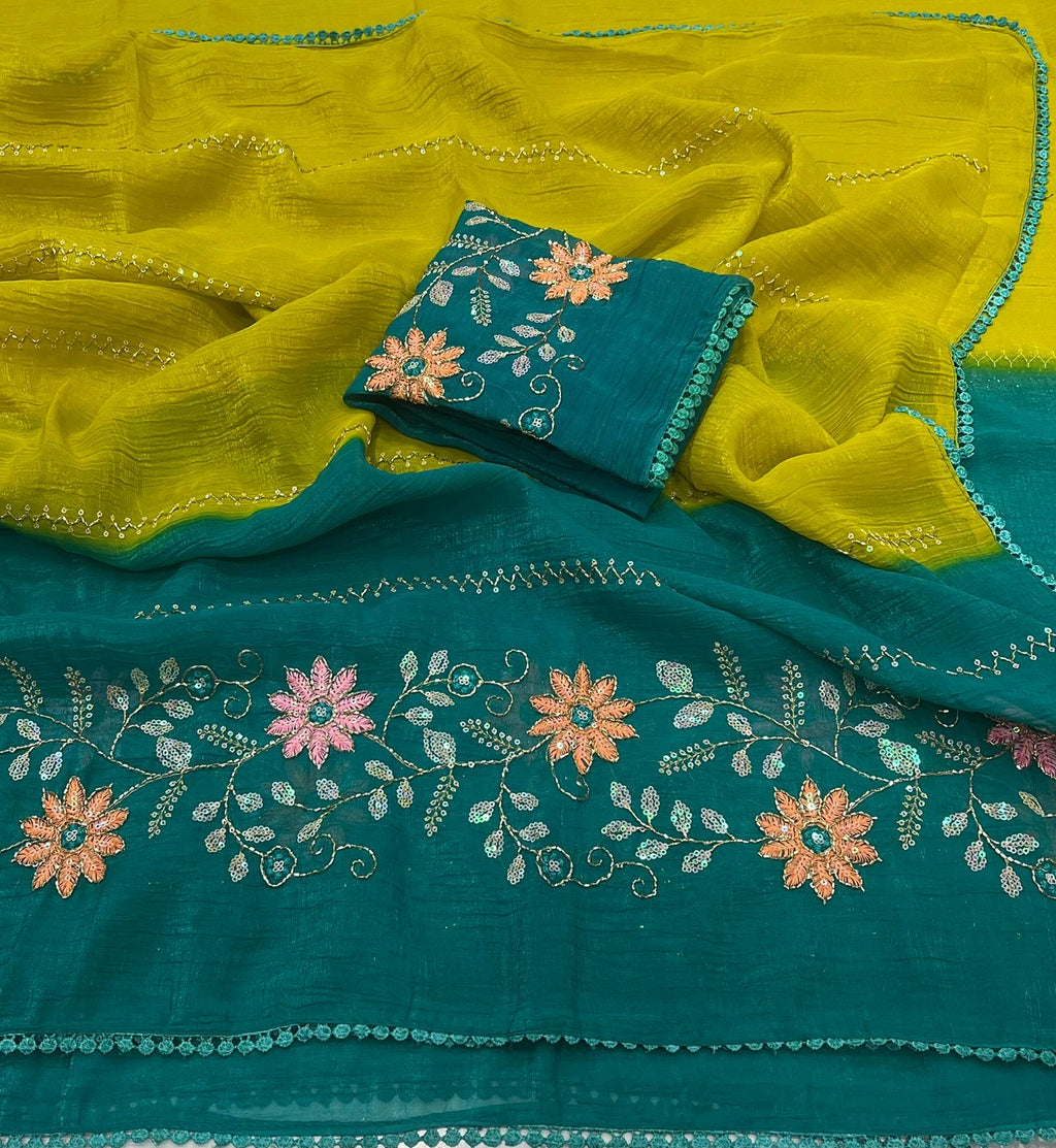 YELLOW AND GREEN CRUNCHY PADDING SAREE WITH EMBROIDERY & SEQUENCE CUTDANA WORK