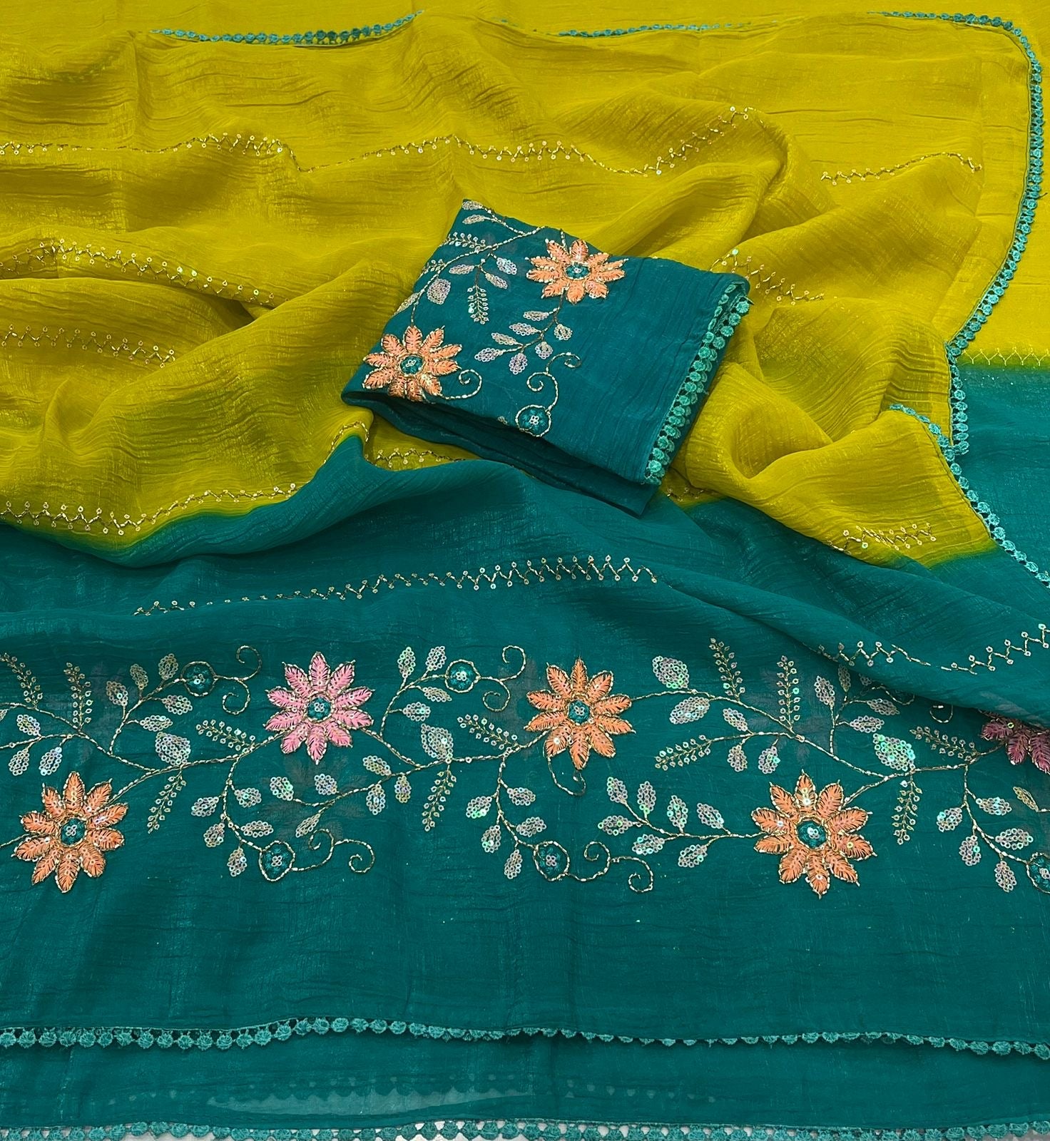 YELLOW AND GREEN CRUNCHY PADDING SAREE WITH EMBROIDERY & SEQUENCE CUTDANA WORK