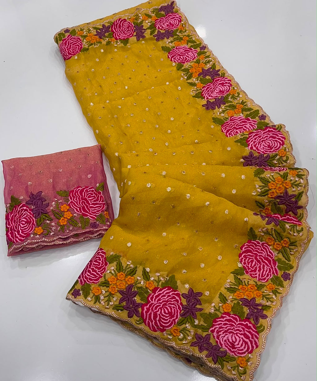 YELLOW NC MOSS SILK SAREE WITH EMBROIDERY WOEK