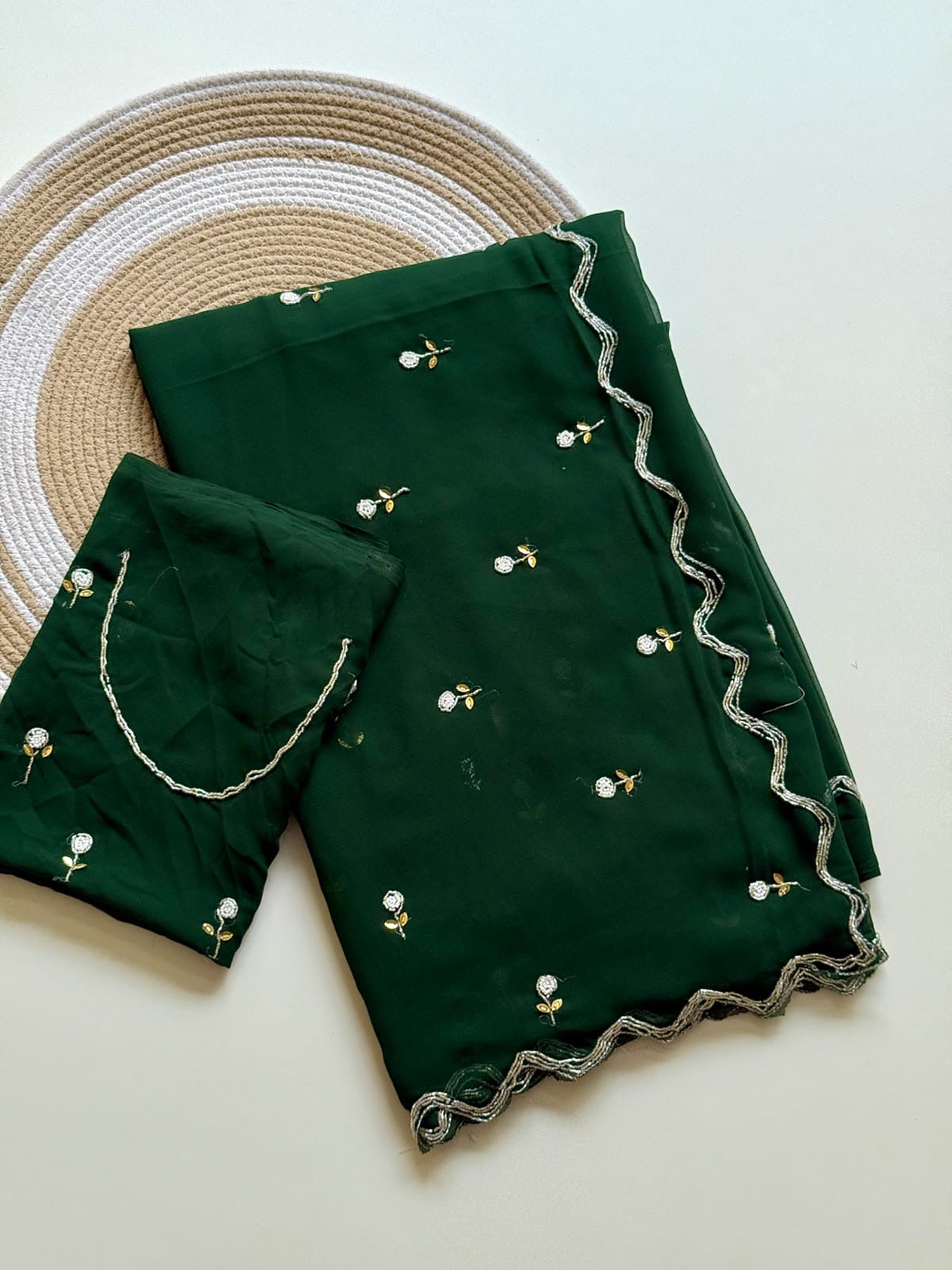 GREEN GEORGETTE SAREE WITH CUTDANA AND BUTTI WORK
