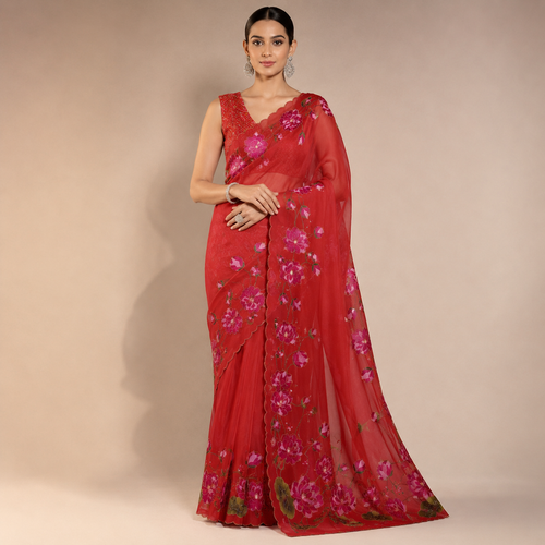 RED TEBBY SILK SAREE WITH DIGITAL FLORAL PRINT AND KUTDANA HANDWORK