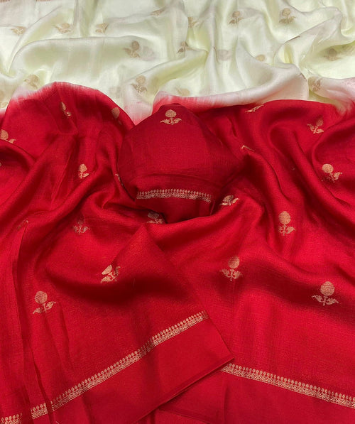 OFF WHITE & RED SHADED VISCOSE KHADI SILK SAREE WITH JACQUARD DESIGN